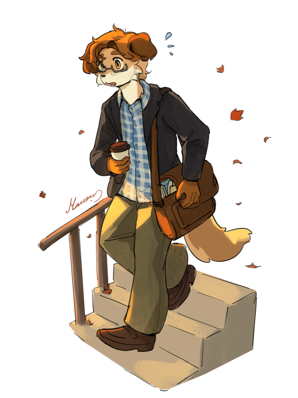 Alfyn walking with coffee in an autumn outfit